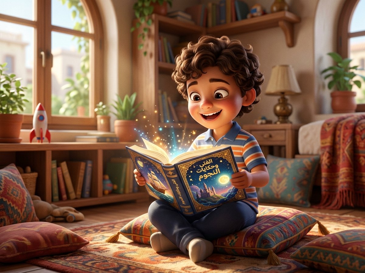 طفل مصري يقرأ كتابه المخصص بفرحة في storya.space